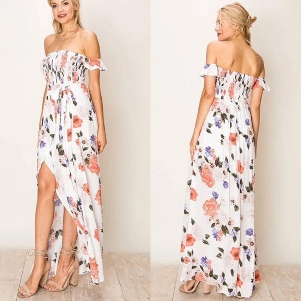 Altar’d State White‎ Floral Midi dress Slit Smocked Strapless Small